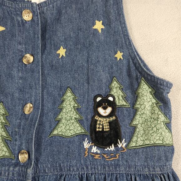 Vintage Denim Dress Womens 6 Nature Bear Cabin Embroidered Novelty Cottagecore - Picture 5 of 16